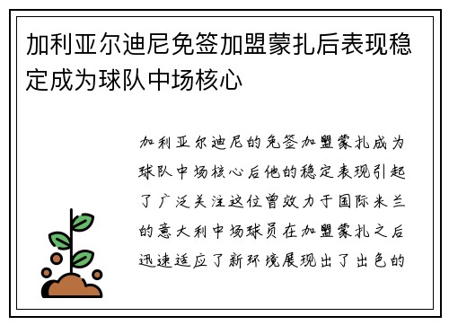 加利亚尔迪尼免签加盟蒙扎后表现稳定成为球队中场核心