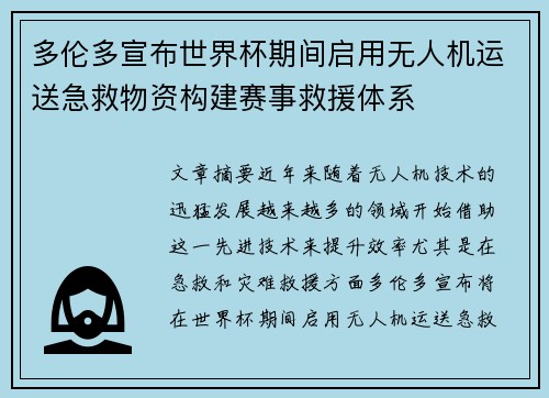 多伦多宣布世界杯期间启用无人机运送急救物资构建赛事救援体系