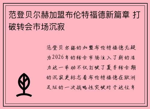 范登贝尔赫加盟布伦特福德新篇章 打破转会市场沉寂