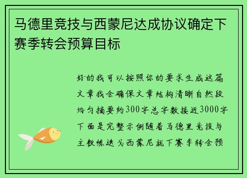 马德里竞技与西蒙尼达成协议确定下赛季转会预算目标