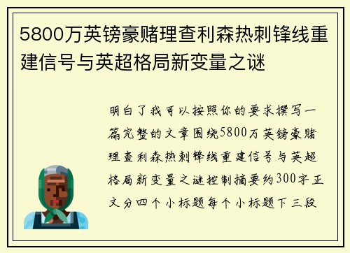 5800万英镑豪赌理查利森热刺锋线重建信号与英超格局新变量之谜